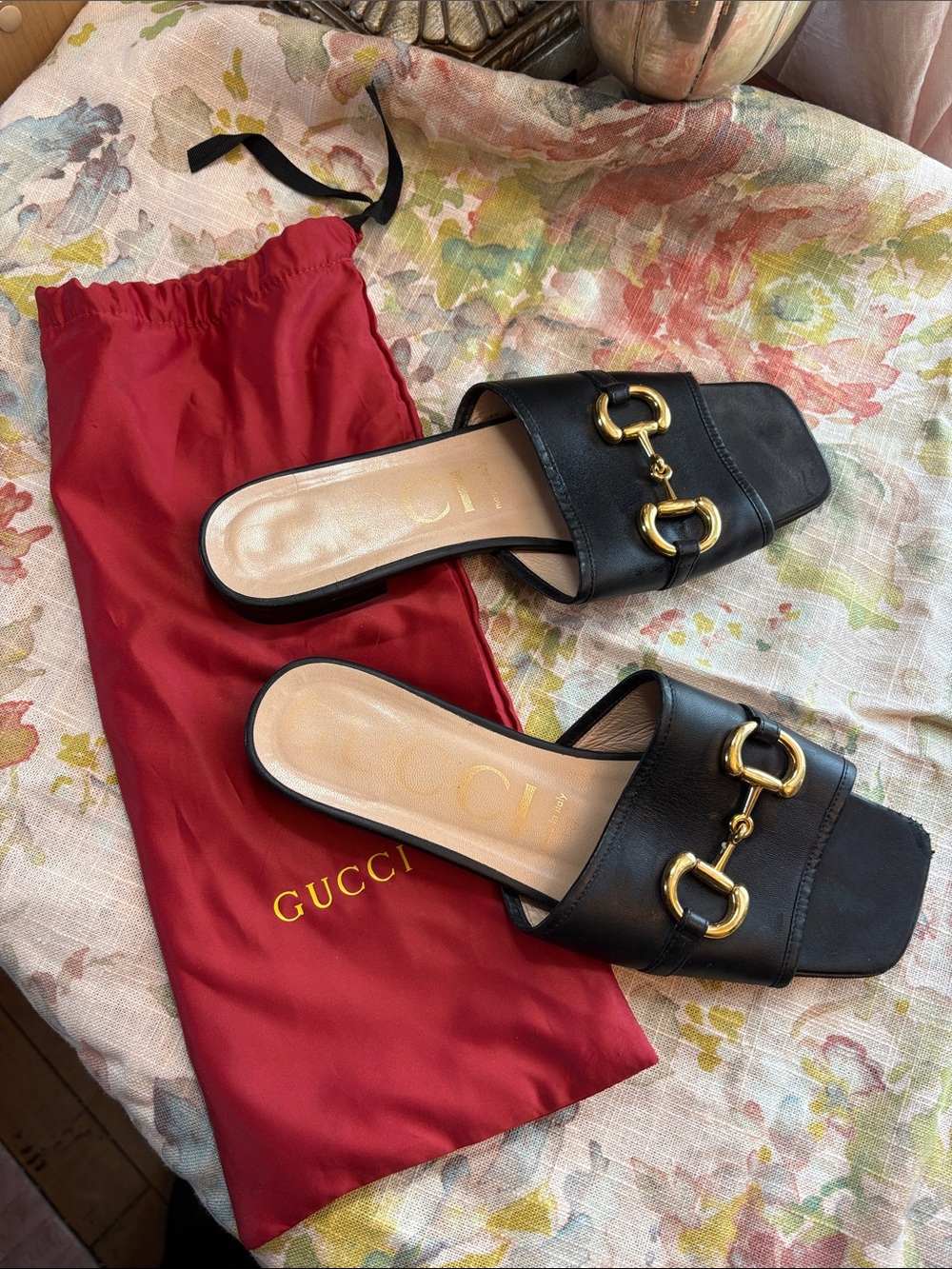 Authentic Gucci Black Leather Horsebit Slide Mules with Gold Hardware 1bag +box